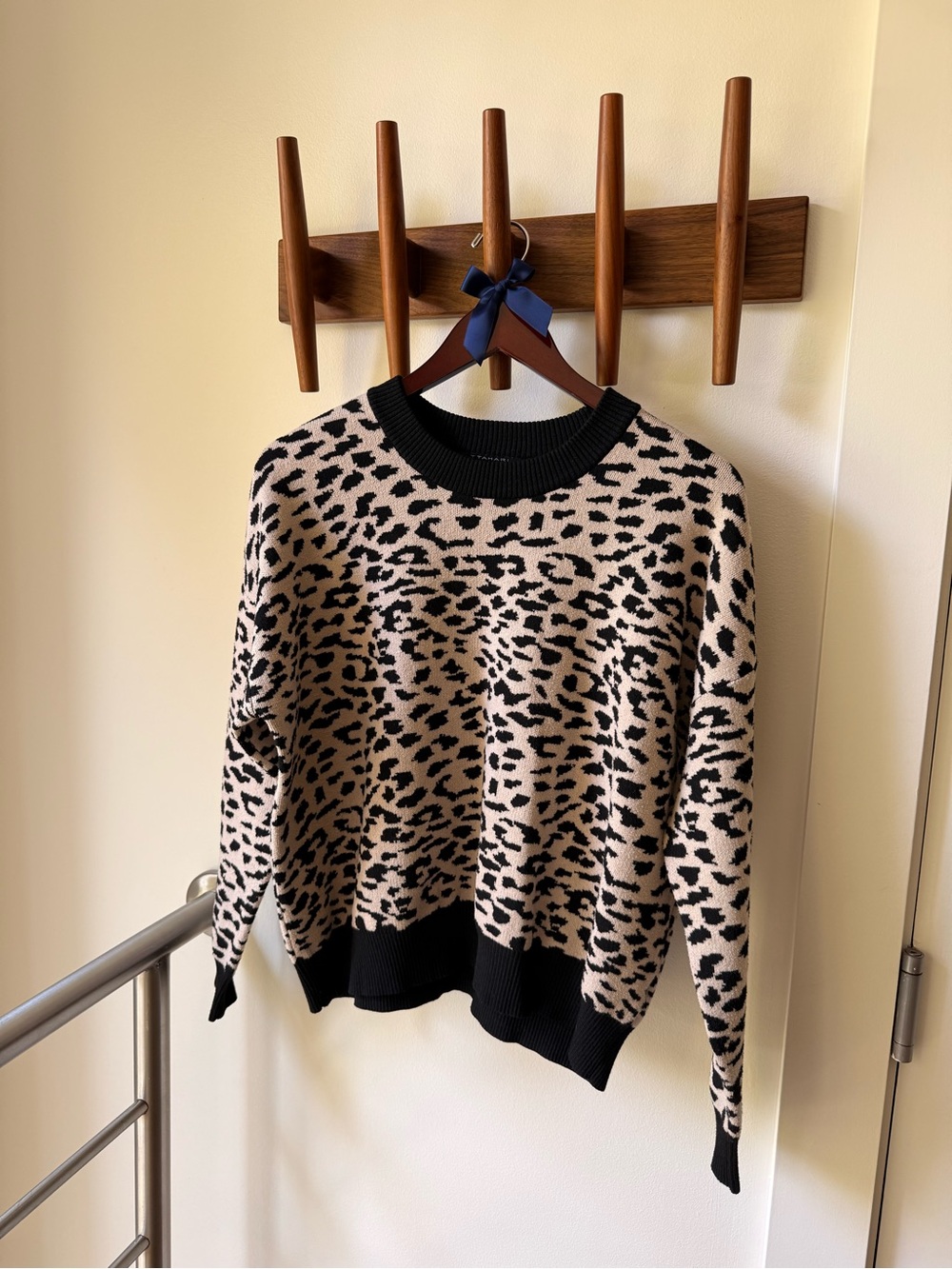 T Tahari Black and Cream Leopard-Print Crewneck Sweater